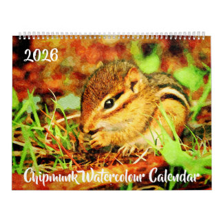 Calendário Adoráveis Esquilos Listrados Arte em Aquarela da V