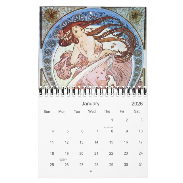 Calendário Alphonse Mucha Art (Jan 2026)