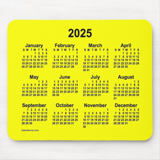Calendário Amarelo 2025 por Janz Mouse Pad (Frente)