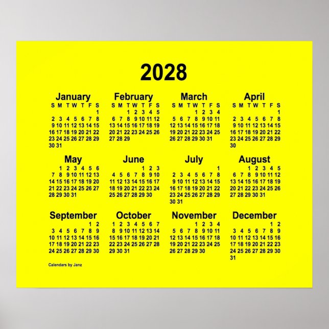 Calendário Amarelo de 2028 por Janz Impressão (Frente)