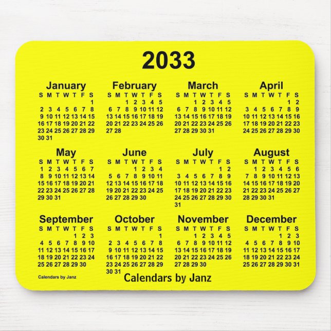 Calendário Amarelo de 2033 por Janz Mouse Pad (Frente)