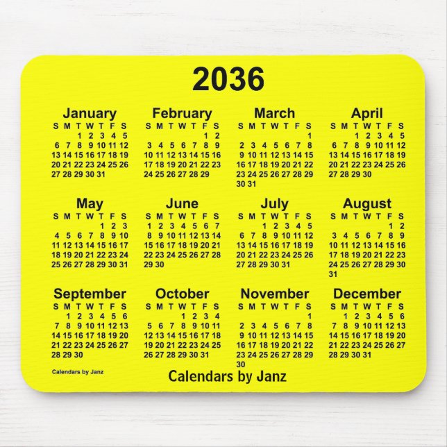 Calendário Amarelo de 2036 por Janz Mouse Pad (Frente)