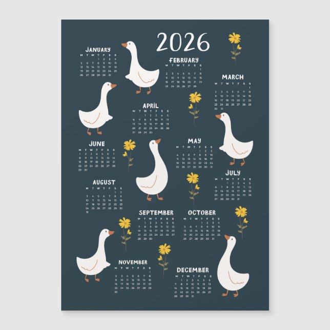 Calendário Amarelo de Flor e Ganso 2026 - Marinho (Frente)