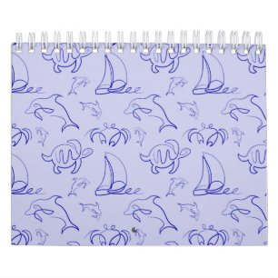Calendário Animais marinhos e padrão de desenho de uma linha