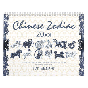Calendário Animais Zodiac Chineses Azul Branco Mínimo Persona