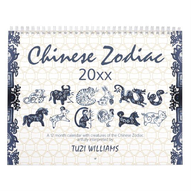 Calendário Animais Zodiac Chineses Azul Branco Mínimo Persona (Capa)