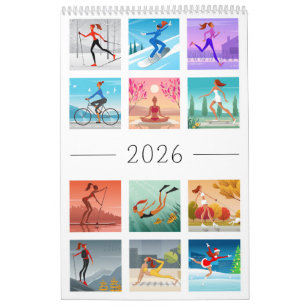 Calendário Ano 2026 Esporte Fitness Jovem Mulher Garota Color