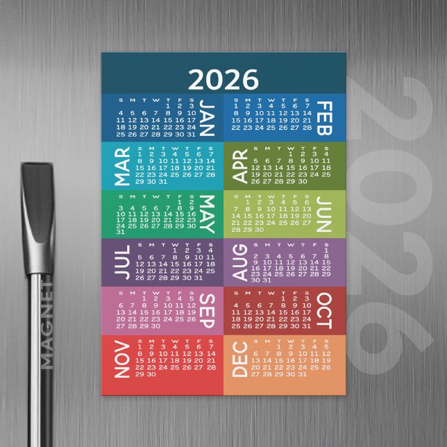 Calendário - Ano do Cheio com meses coloridos (2026 Calendar with a Magnetic Back)