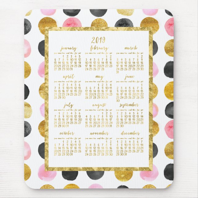 Calendário Anual 2019 Mousepads Rosa E Pontos Dour (Frente)