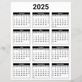 Calendário Anual 2025 em Folha de Papel Preto e Br