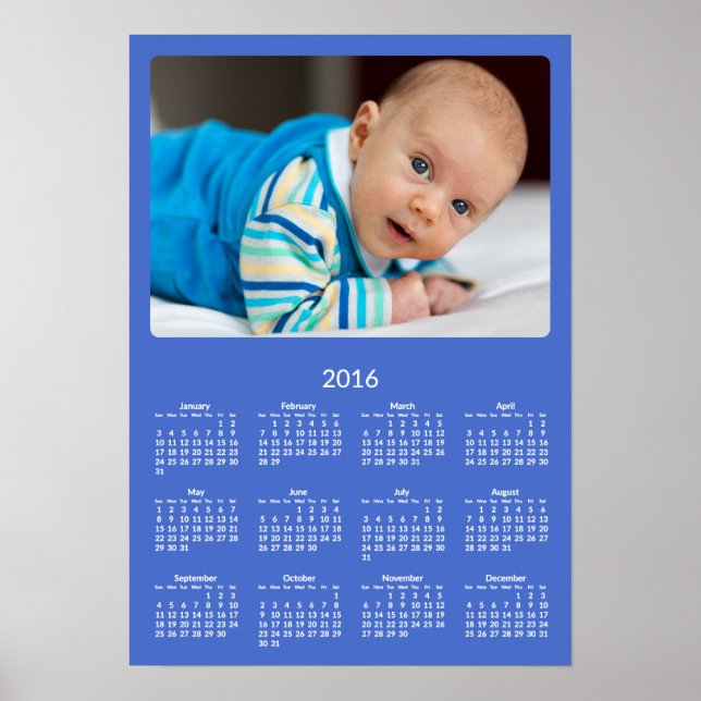 Calendário Anual de 2016 em Poster Azul Personaliz (Frente)