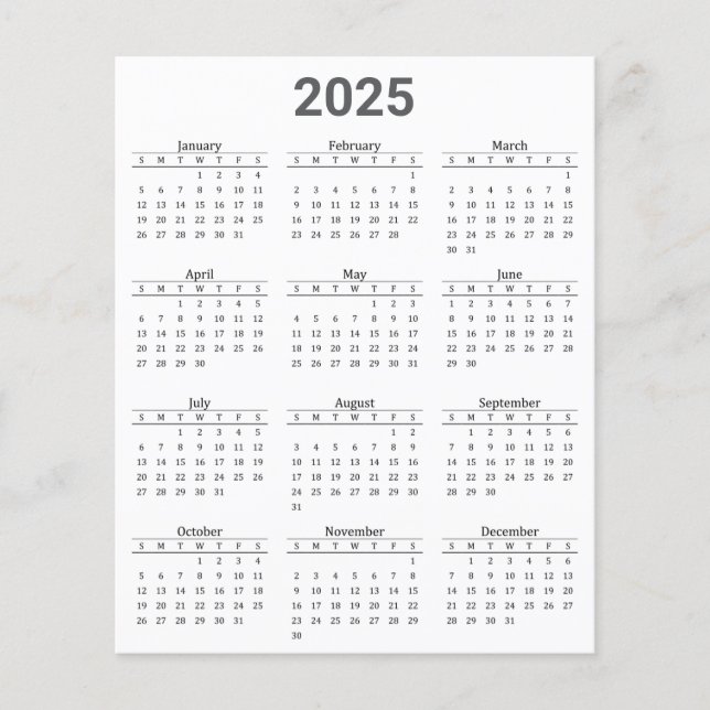 Calendário Anual de 2025 em papel cinza e branco (Frente)