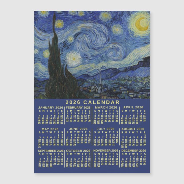 Calendário Anual de 2026 Noite Estrelada ou Ímã de (Frente)