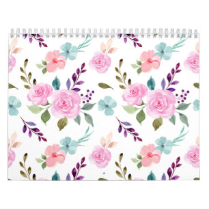 Calendário Aquarela de flor rosa sem emenda