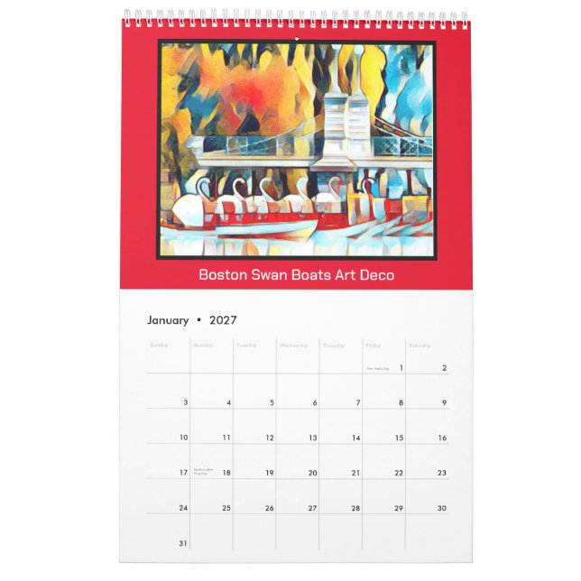 Calendário Art Deco Boston Swan Boats (Jan 2027)