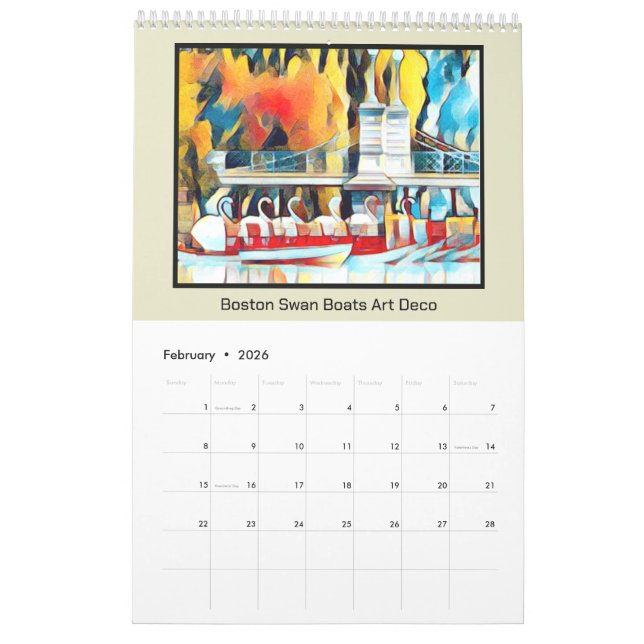 Calendário Art Deco Boston Swan Boats (Fev 2026)