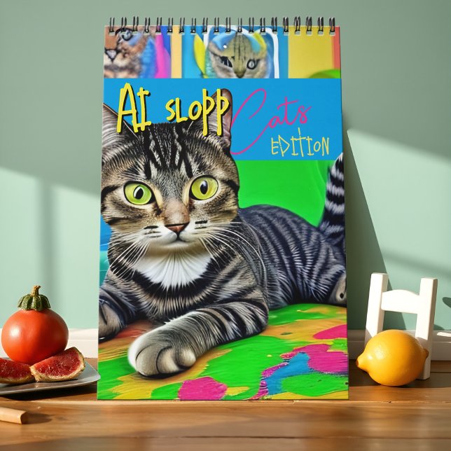Calendário Arte de Gatos Feios e Surreais com IA, Divertida e (Wildly absurd, AI-generated cats in chaotic, colorful, and ironic situations. Perfectly messy!)