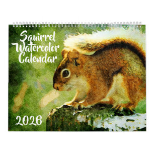Calendário Arte de pintura em aquarela de esquilo adorável