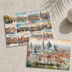 Calendário Arte de viagem em aquarela das capitais europeias