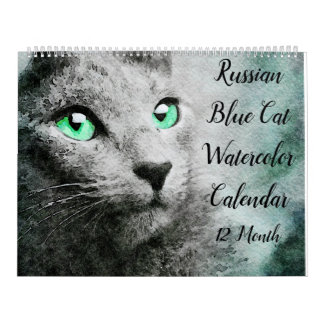 Calendário Arte lindo da aguarela do gato azul do russo de 12