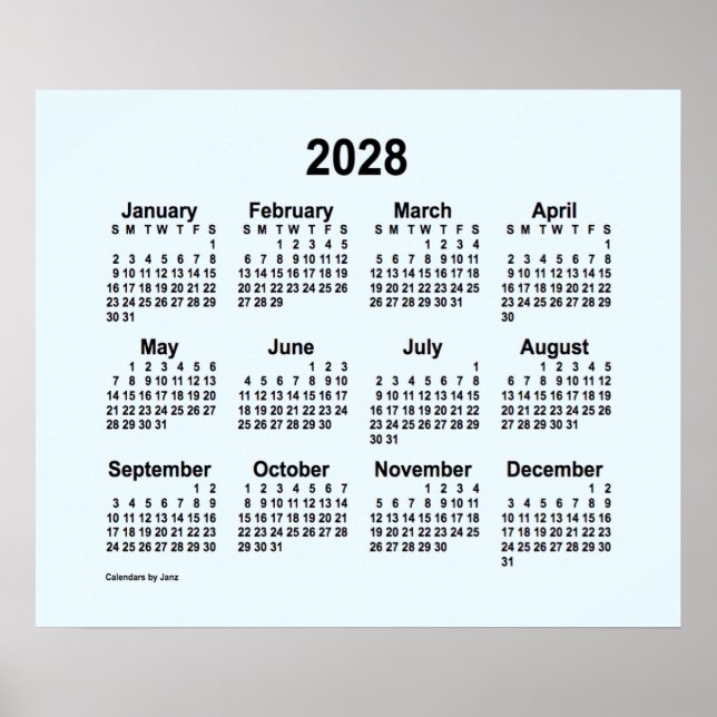 Calendário Azul Alice 2028 por Janz Impressão (Frente)