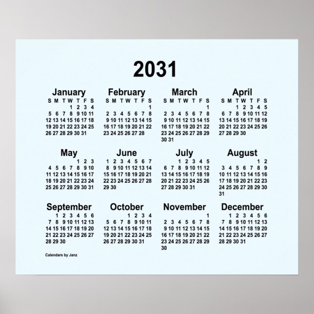 Calendário Azul de Alice 2031 por Janz Impressão (Frente)
