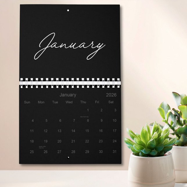 Calendário Black and White Elegant Modern Script 2026 (In situ)