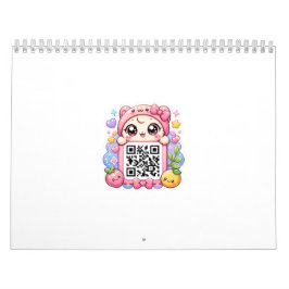 Calendário Bonito Personagem de Código QR Rosa Kawaii Floral
