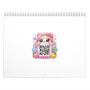 Calendário Bonito Personagem de Código QR Rosa Kawaii Floral 