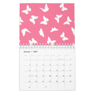 Calendário Borboleta Branca Fundo Rosa Padrão Estético