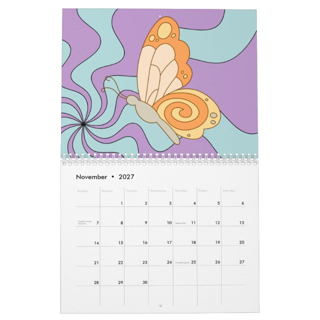 Calendário Borboleta de Onda Hippie Groovy da década de 70 (Nov 2027)