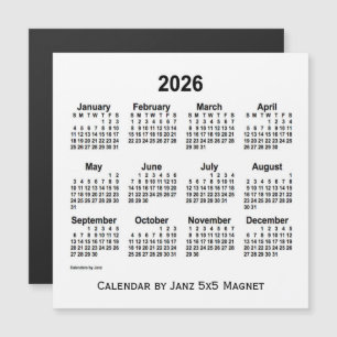 Calendário branco de 2026 por meio do ímã 5x5 de j