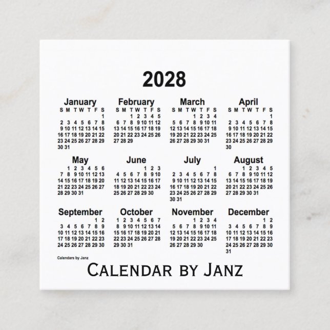 Calendário Branco de 2028 por Cartão de visita da  (Frente)