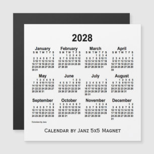 Calendário branco de 2028 por meio do ímã 5x5 de j