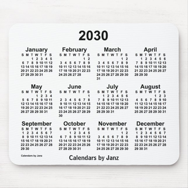 Calendário branco de 2030 por Janz Mouse Pad (Frente)