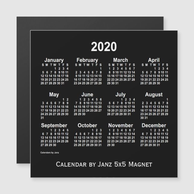 Calendário branco Neon 2020 do Magnet 5 x 5 de jan (Frente/Verso)