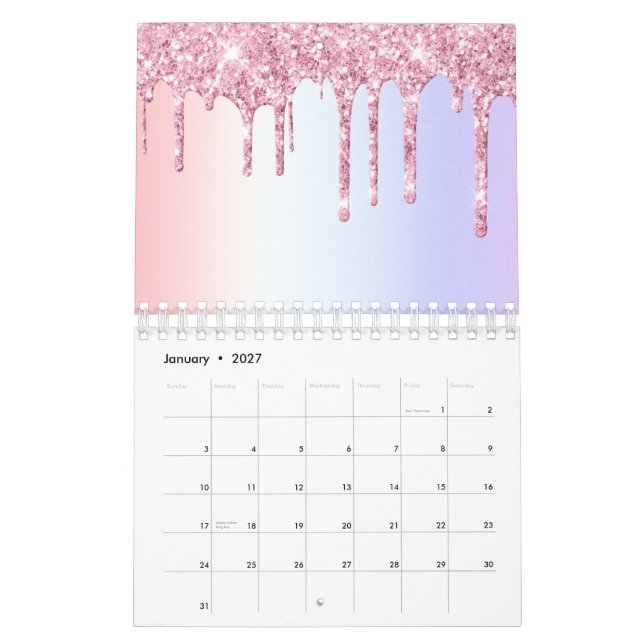 Calendário Brilhante cor-de-rosa pinga Unicorn Rainbow Pastel (Jan 2027)