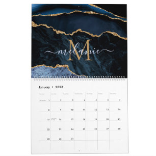 Calendário Brilho Dourado Azul Nome e Letra Person