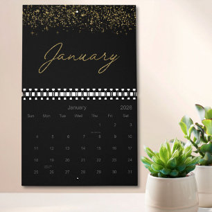 Calendário Brilho Preto e Dourado Elegante Moderno Script 202