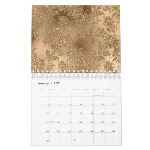 Calendário Bronze Marrom Flores Douradas Folhas Galhos Brilha