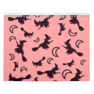 Calendário Bruxa voadora entre meia lua na noite de Halloween