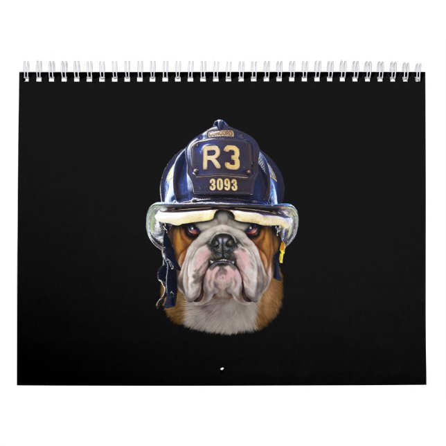 Calendário Bulldog Inglês Grumpy Vestindo Helmet para Bombeir (Capa)