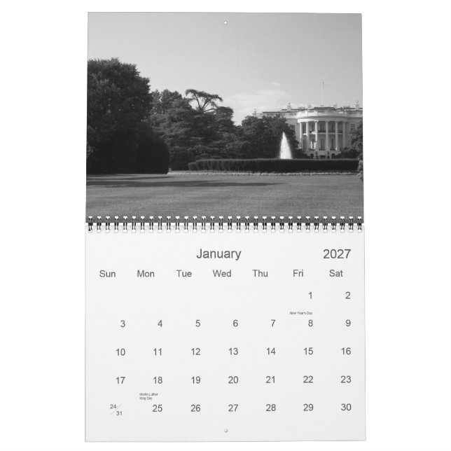 Calendário C.C. de Washington em preto & no branco (Jan 2027)