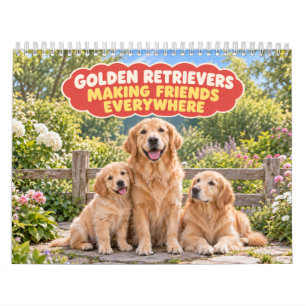 Calendário Cachorro Golden Retriever Engraçado Fazendo Amigos