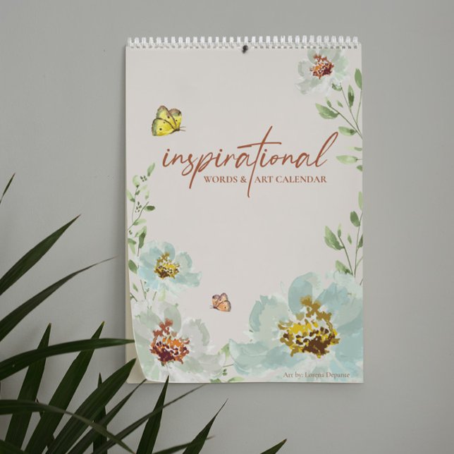 Calendário Canadiano 2026 Palavras Inspiracionais Watercolor  (Canadian 12 month artist calendar with watercolor botanicals and inspirational words.)