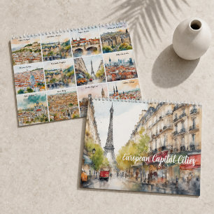 Calendário Capitais Europeias 2027 Arte de Viagem em Aquarela