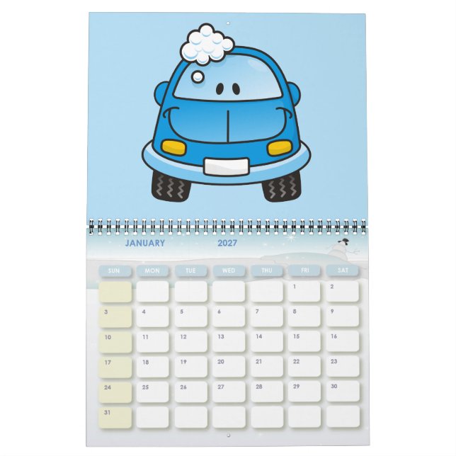 Calendário Carro azul com bolhas (Jan 2027)