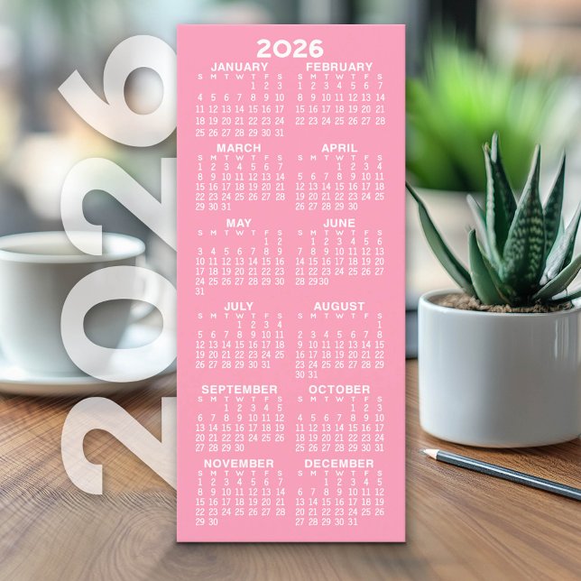 Calendário - Cartão Branco Mínimo Alto-Rosa Modern (2026 Calendar on Cardstock - Simple, Minimal Design)