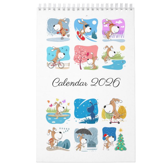 Calendário Cartoon Funny Cute Puppy Dog Lover 2026 (Capa)