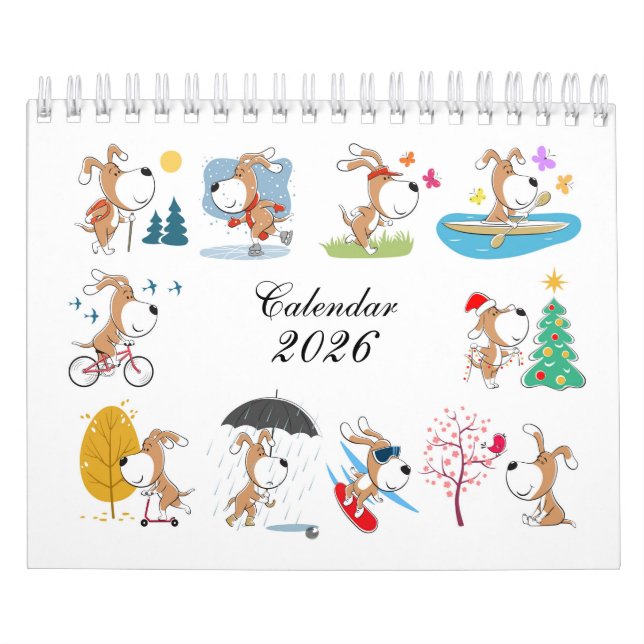 Calendário Cartoon Funny Cute Puppy Dog Lover 2026 Calendar (Capa)